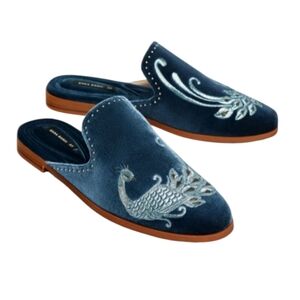 Zara Blue Velvet Mules with Peacock Embroidery